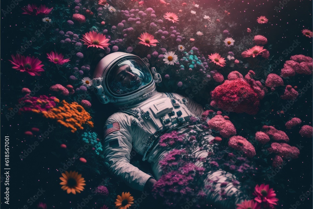 Canvas Prints astronaut laying in the colorful flower garden with top view. concept of the relaxation in space cin