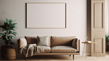 Poster frame mockup in brown living room with sofa,armchair and table.3d rendering