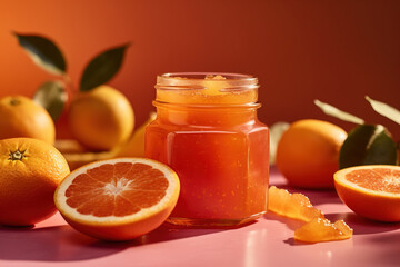 Blood Orange Marmalade jam food photography close-up with sliced orange, generative ai