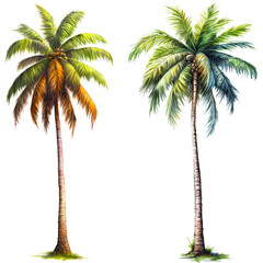 Set of watercolor tropical palm, coconut tree isolated on white background. PNG transparent background. AI Generative.