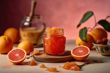 Blood Orange Marmalade jam food photography close-up with sliced orange, generative ai
