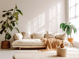 White fabric sofa with peach color blanket between green houseplant. Round knitted rug against of window. Scandinavian, nordic style interior design of modern living room. Created with generative AI