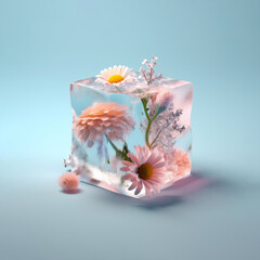 An ice cube containing frozen summer flowers on pastel color bakground. Generative AI