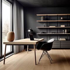 Workplace with wooden desk and black chair against of black wall with shelving unit. Interior design of modern scandinavian home office. Created with generative AI