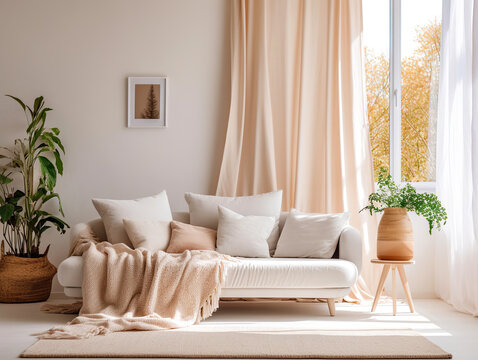 White cushions and cream color blanket on white sofa against of window. Scandinavian style interior design of modern living room, soft pastel colors. Created with generative AI
