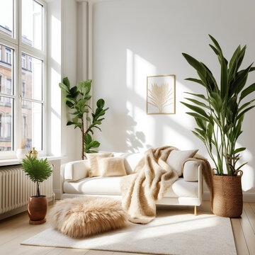 White sofa with wool blanket and fur pillow on rug against of grid window. Houseplants on wooden floor. Scandinavian style interior design of modern living room. Created with generative AI