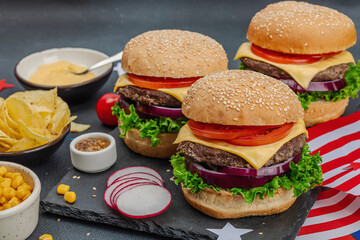 Homemade burgers. An American classic, traditional food for picnic or celebration Independence Day