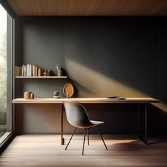 Workspace with wooden writing desk and chair against window near dark wall with shelf. Interior design of modern scandinavian home office. Created with generative AI