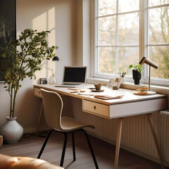 Cozy home workplace with wooden drawer writing desk and fabric chair. Interior design of modern scandinavian home office. Created with generative AI - obrazy, fototapety, plakaty