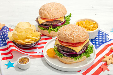 Homemade burgers. An American classic, traditional food for picnic or celebration Independence Day