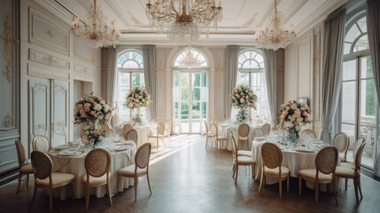 Fototapeta na wymiar A reception of a wedding in a old palace castle with a chandelier and big windows, generative ai