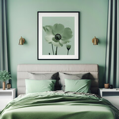 Bed with grey headboard and green blanket near mint color wall. Interior design of modern bedroom. Created with generative AI