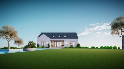 House with lawn and blue sky background.Minimal concept for real estate and property.3d rendering
