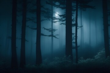 Dense forest at night. Smoke in air creating ghosty scene. Generative AI.
