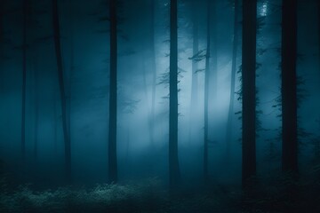 Dense forest at night. Smoke in air creating ghosty scene. Generative AI.