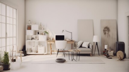 Living and working space in white room.3d rendering