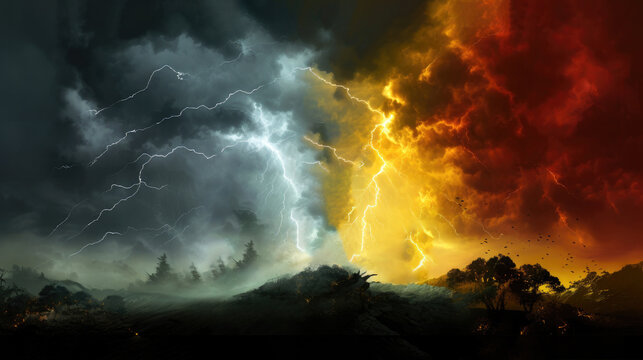Background environment of good against evil lightning thunderstorm in the clouds of the sky Generative AI Illustration
