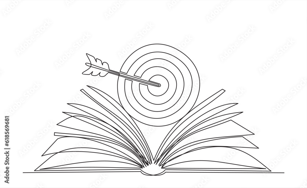 Aufkleber gain knowledge from books - continuous line drawing of open book lying down with target flying above