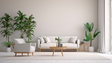 Obraz na płótnie Canvas Living room interior with plant.white sofa and armchair.3d rendering