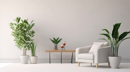 Living room interior with plant.white sofa and armchair.3d rendering