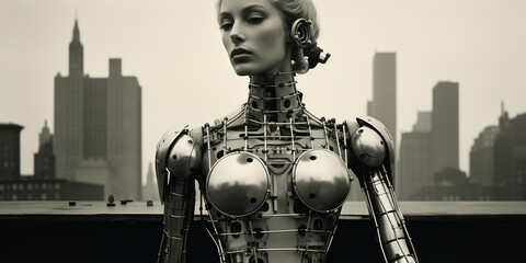 Schöne Frau Retro futuristisch in Cyber Kleidung schwarz weiss Poster Porträt, ai generativ
