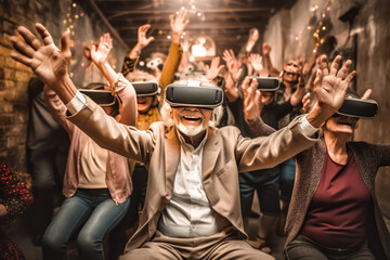 Fototapeta na wymiar Funny old people partying wearing VR glasses. Generative AI.