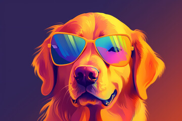 Cute Golden Retriever wearing Sunglasses, Colorful Background, AI-Generated Image	