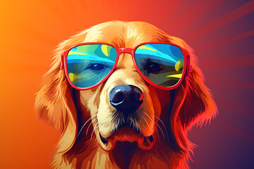 Cute Golden Retriever wearing Sunglasses, Colorful Background, AI-Generated Image	