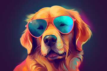 Cute Golden Retriever wearing Sunglasses, Colorful Background, AI-Generated Image	