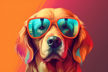 Cute Golden Retriever wearing Sunglasses, Colorful Background, AI-Generated Image	