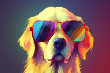 Cute Golden Retriever wearing Sunglasses, Colorful Background, AI-Generated Image	