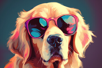 Cute Golden Retriever wearing Sunglasses, Colorful Background, AI-Generated Image	
