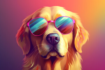 Cute Golden Retriever wearing Sunglasses, Colorful Background, AI-Generated Image	