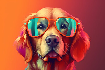 Cute Golden Retriever wearing Sunglasses, Colorful Background, AI-Generated Image	