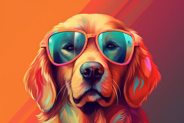 Cute Golden Retriever wearing Sunglasses, Colorful Background, AI-Generated Image	
