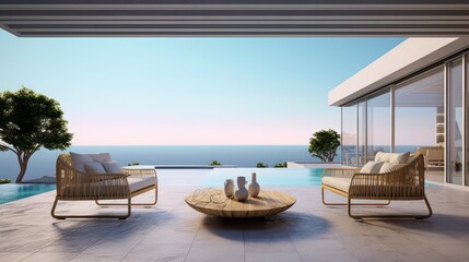 Obraz premium Luxury house living on sea view with swimming pool.3d rendering