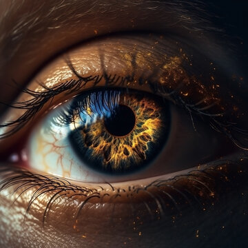 Human eye with galaxy inside close-up, golden iris on dark background. Ai generated