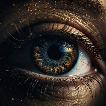 Human eye with galaxy inside close-up on dark background. Ai generated