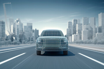 Fototapeta premium wireframe Modern Electric car rides through Blue tunnel 3d rendering.AI generated.