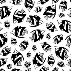 Seamless Pattern with Black Fish on White Background. Repeat Pattern Design for Print, Wallpaper, Wrapping Paper, Cover, Textile.