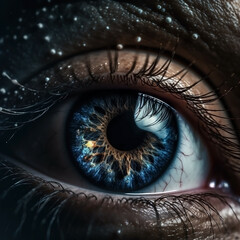 Realistic human eye with reflection of galaxy illustration. Ai generated © Artem