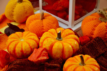 Small decorative yellow-orange pumpkins and yarn-knitted pumpkins on a wooden table. Autumn mood and combination of colors. 