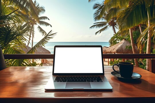 Laptop mockup with blank screen on tropical beach background