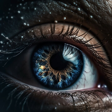 Realistic human eye with reflection of galaxy illustration. Ai generated