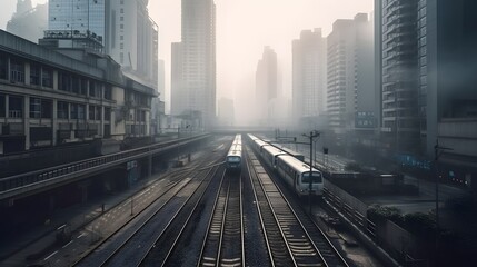 Cityscape with skyscrapers, office buildings, rail tracks, and fog in the urban area.