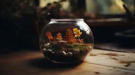 Magnificent terrarium ecosystem with vibrant plant life and reflective glass