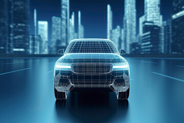 wireframe Modern Electric car rides through Blue tunnel 3d rendering.AI generated.