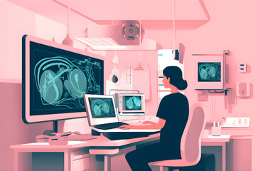 Flat vector illustration in the hospital the patient undergoes a screening procedure for a mammogram which is performed by a mammogram a modern technologically advanced clinic with professional doctor