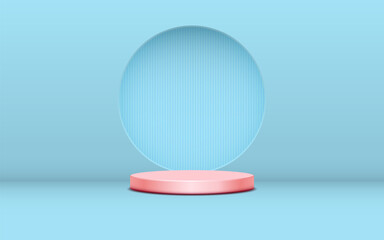 product podium display 3d pastel pink Empty Cylinder circle in blue color wall background