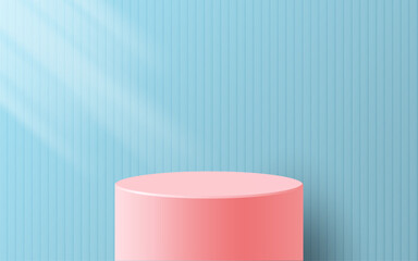 product podium display 3d pastel pink Empty Cylinder circle in blue color background
